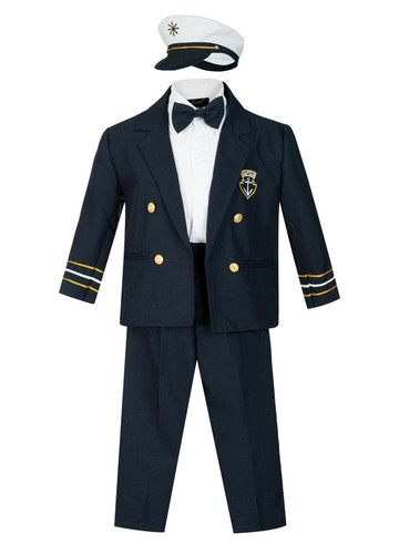 KIDS PARTY WEDDING SUIT SET WITH HAT NAVY BLUE WHITE SAILOR CAPTAIN'S NAUTICAL - Picture 5 of 6