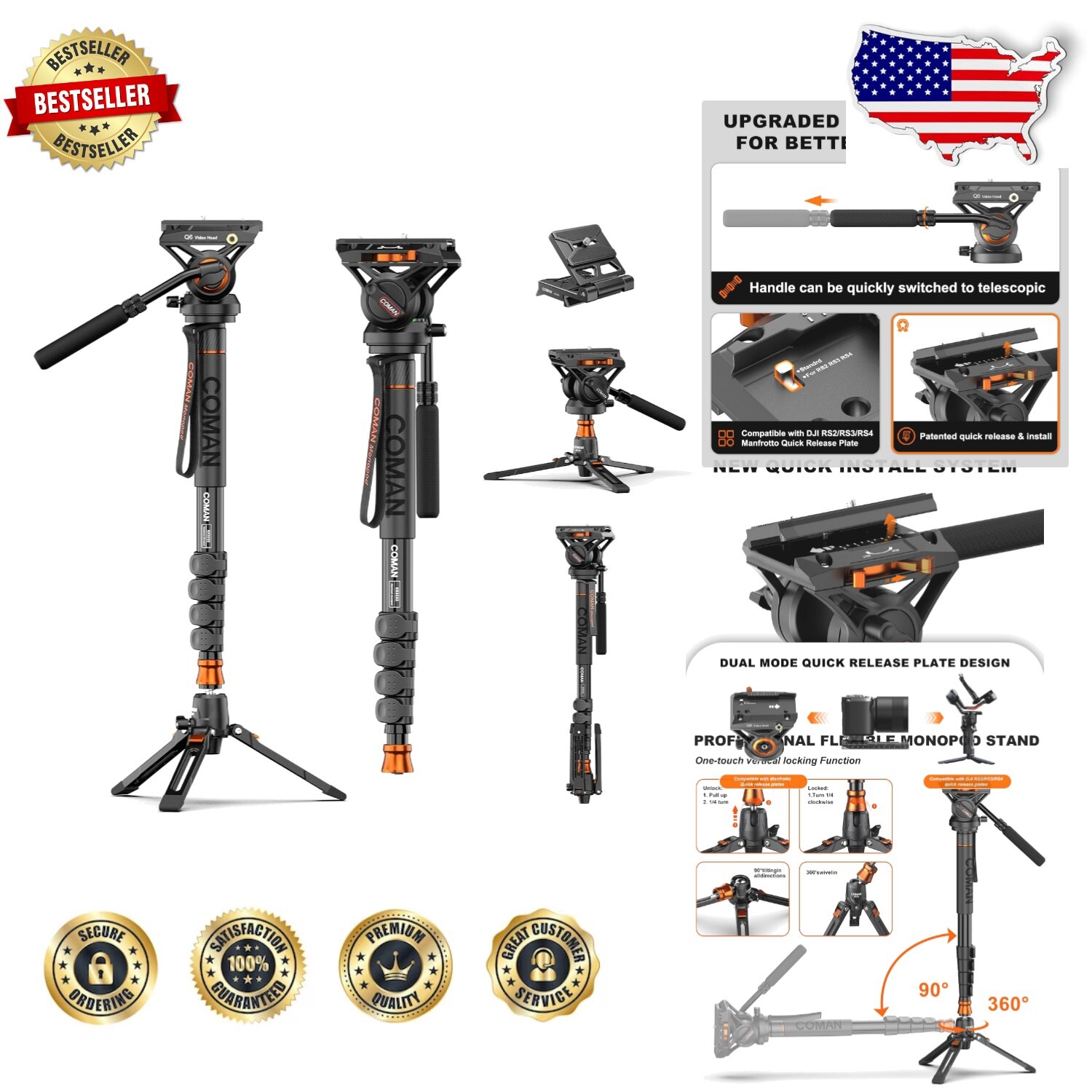 Lightweight 73.2-Inch Monopod Tripod with Quick Release - 22 lbs Max Load