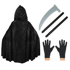 KIDS REAPER HALLOWEEN FANCY DRESS COSTUME BLACK CAPE SCYTHE PROP KIDS UNISEX