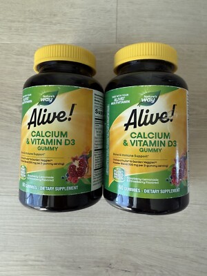 2 Nature's Way Alive Calcium & V D3 Gummies, Bone & Immune Support, Exp 05/26