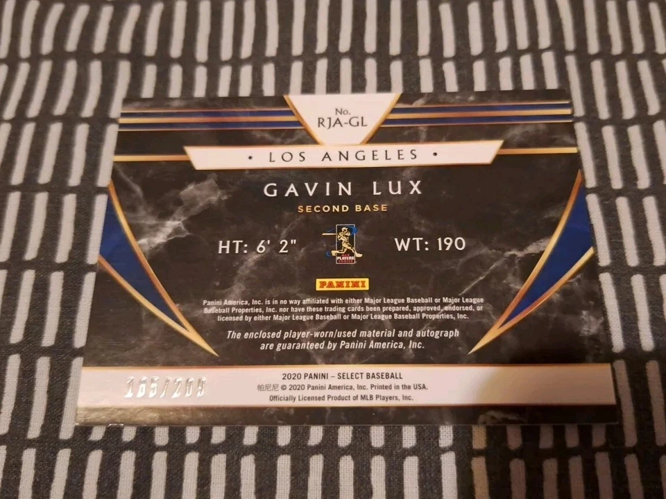 2020 Panini Select Gavin Lux Los Angeles Dodgers 165/209 Patch Autograph  - Image 2 of 3