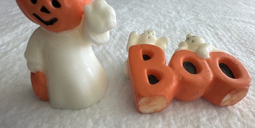 American Vtg Halloween Wax Candle Figures 90's Ghost Pumpkin Decor 3.25" Set/2 - Picture 5 of 8