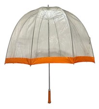 VTG Bubble Dome Umbrella Clear Orange 60s 70s Mod Style Vinyl Plastic See-Thru