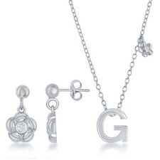 Sterling Silver Shiny "G" with Tiny CZ Flower Necklace and Earrings Set