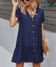 Gaovot Dark Navy Blue Ruffle-Hem Shirt Dress Sizes S, M, XL