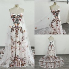 Boho A-Line Wedding Dresses Strapless Backless Colorful 3D Flowers Bridal Gowns