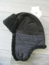 UGG AUSTRALIA MENS MEDIA BLACK SHEARLING & TEXTILE TRAPPER HAT, NWT, S/M