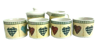 D.C Brown & Co. Majestic Ware Patchwork Hearts 6 Piece Mugs Sugar & Creamer Set