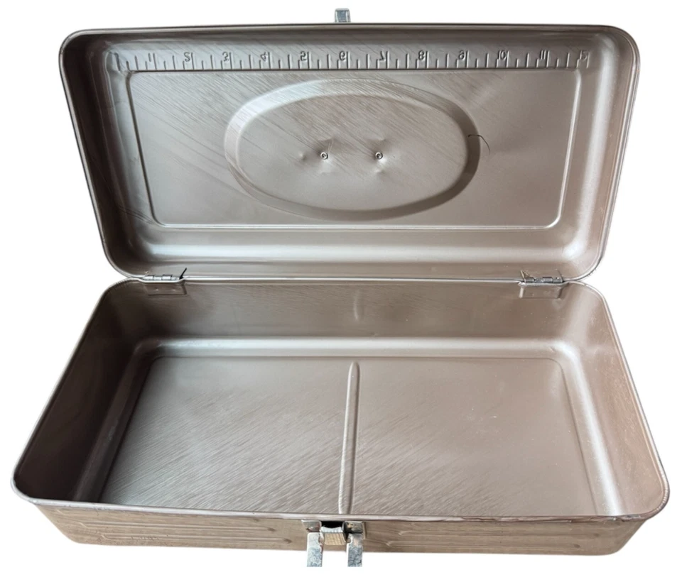 Vintage Union Chests Metal Tool Tackle Box Chest No. 4013 Bronze Tan Ruler Lid - Image 4 of 4