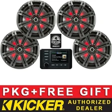 KICKER KMC4 DIGITAL MEDIA RECEIVER MARINE AUDIO PACKAGE+8" LED SPEAKERS 2 PAIRS