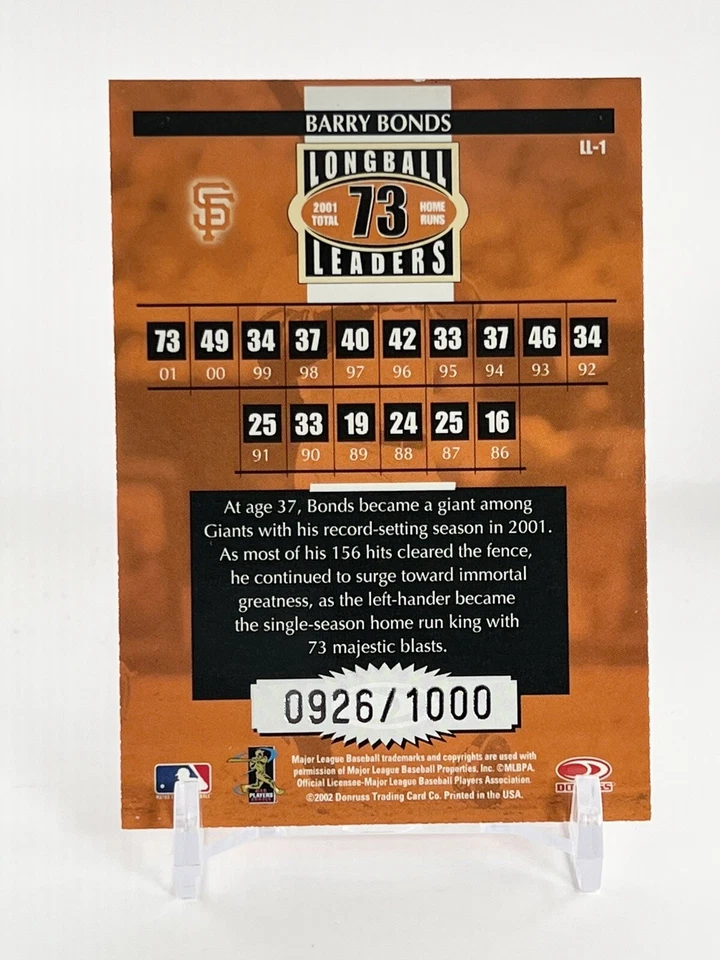 2002 Donruss Barry Bonds #LL-1 Longball Leaders 926/1000 San Francisco Giants - Image 2 of 2