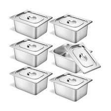 6 Set Stainless Steel Hotel Pans 1/2 Size 6 Inch Deep With Lids, Anti-Jam Cha...