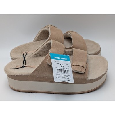 Reef Ojai Ciara Sandals Women 11 Tan Suede Platform Faux Shearling Slide Cozy