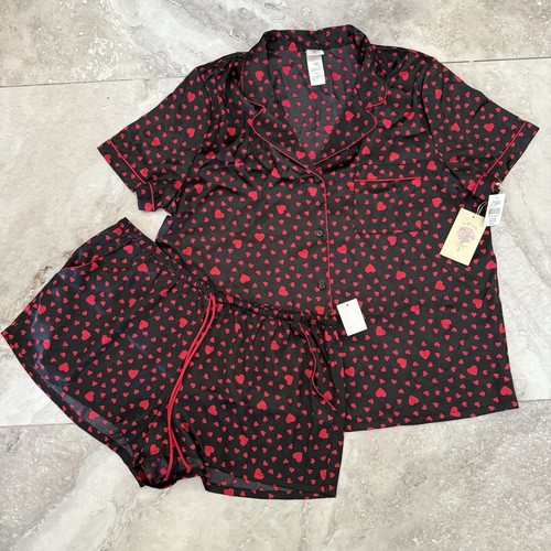NWT In Bloom by Jonquil Pajama Set Black Red Hearts Lounge Sleep Shorts Shirt