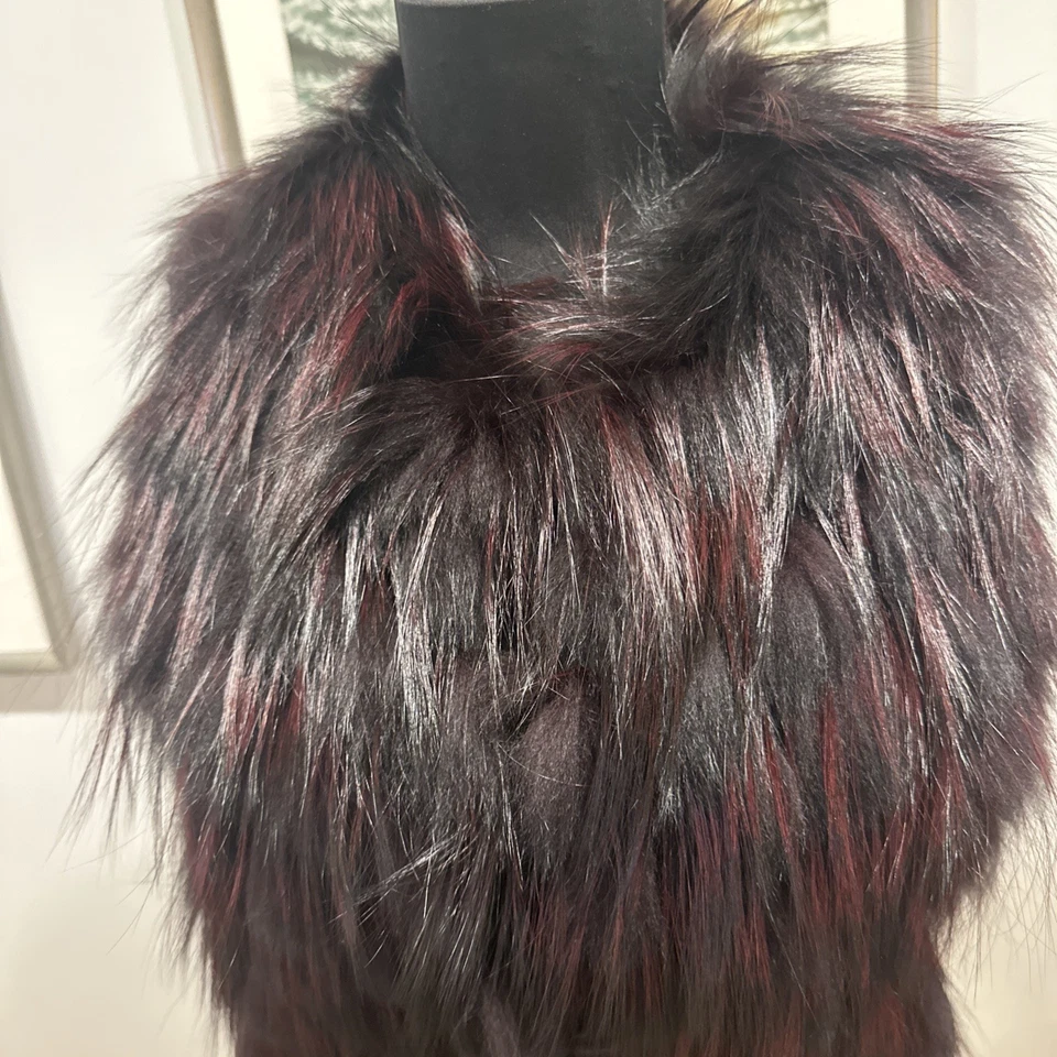 Halston Heritage Finland Silver Fox Fur Vest Size XS Suede Trim Burgundy Black - Image 3 of 4