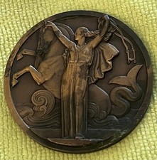 FRANCE 1935 SS NORMANDIE SHIP BRONZE MEDAL - BY VERNON MAIDEN VOYAGE