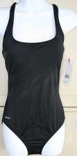 NWT Speedo Women's 10 Cross Back One Piece Swimsuit black with white piping