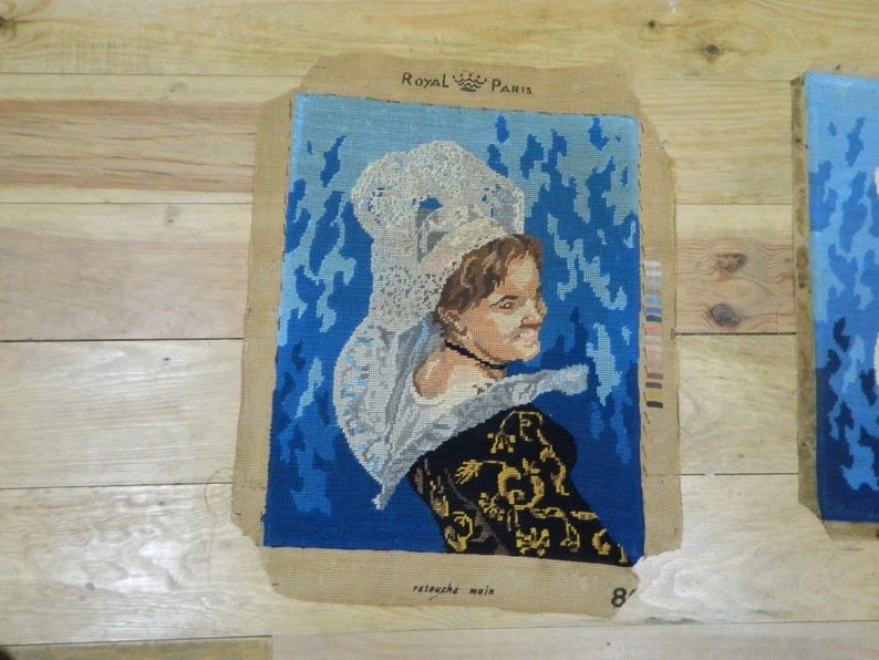 Vintage Royal Paris Tapisserie Femme Bretonne Coiffe Canevas Terminé 37x46 cm - Photo 2/4