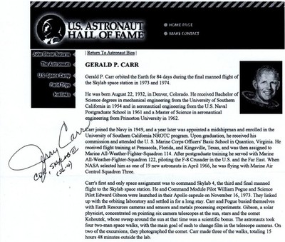 SKYLAB Astronaut JERRY CARR Signed 8.5X11 Typed Biography Entry Autograph w/ COA