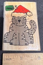 CHRISTMAS CAT Meow Tag Cute Animal wood mount RUBBER STAMP