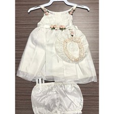 Vintage It's Baby Bloomer Bonnet Dress Set Girls 6-12M White Rose Floral Satin