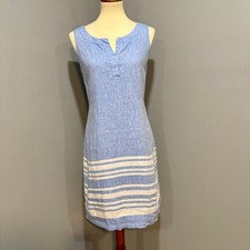 Talbots Blue Split Neck Linen Shift Dress Striped Hem Sleeveless Lined, Size 4P