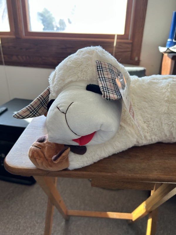 LAMBCHOP JUMBO DOG TOY WITH SQUEAKER.  REINDEER FEET PLAID EARS. 24” RARE NWT