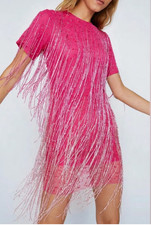Nasty Gal Dress Womens 2 Pink Shift Mini Fringe Beaded Party Cocktail Festival