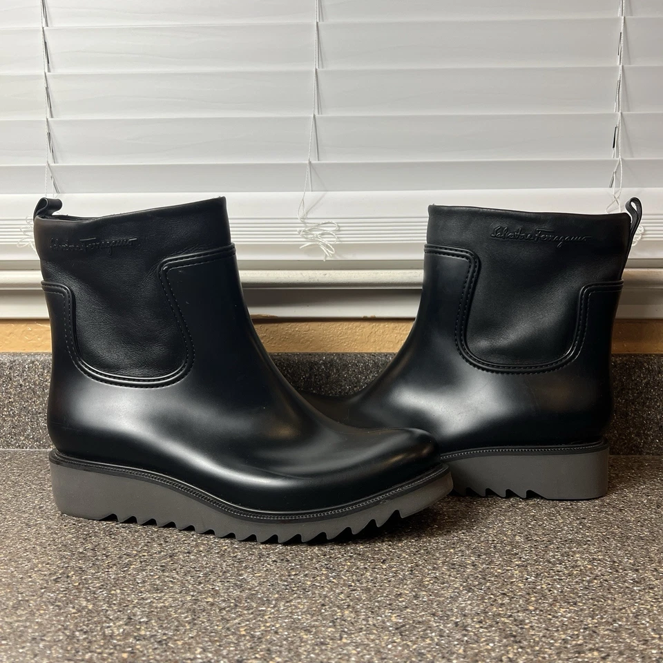 Salvatore Ferragamo Men's 11 M Black Rubber Rain Boots Wellies Lugged MSRP $595 - Image 2 of 4