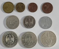 1 Pfg to 5 Mark 1933-1940 GERMANY 3rd Reich Ag and More 10 Coin lot Xf
