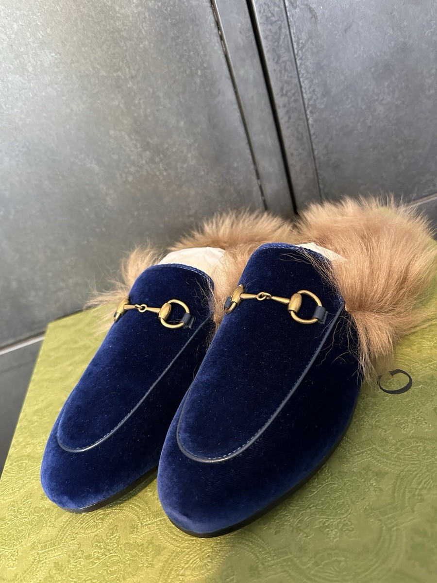 Gucci Women's Princetown Horsebit Blue Suede Fur Mule Slippers