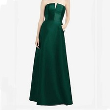 NWT Alfred Sung Hunter Green Strapless Notch Neck Satin Gown Size 0