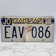 Vintage 1991 Kansas License Plate Car Tag JO EAV 086 RETIRED Wheat Grass Heads