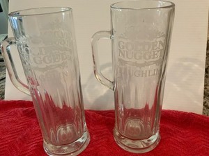 2 Golden Nugget Casino Beer Stein Laughlin Tall Clear Glass Etched Mug Heavy 