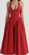 HOUSE OF CB Red Halter Neck Sleeveless Pleated Midi A-Line Dress XS Women