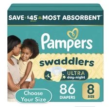 Pampers Swaddlers Diapers Size 8 (46+ lb) 86 Count, 100% Leakproof - NEW