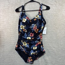 Lands' End Ruched Sweetheart One Piece Swimsuit Black Tropical Size Medium