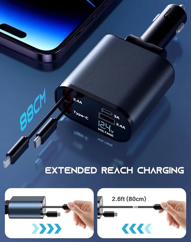4 in 1 Fast Car Phone Charger 120W With USB Type C Cable Retractable Car Charger - Picture 18 of 24