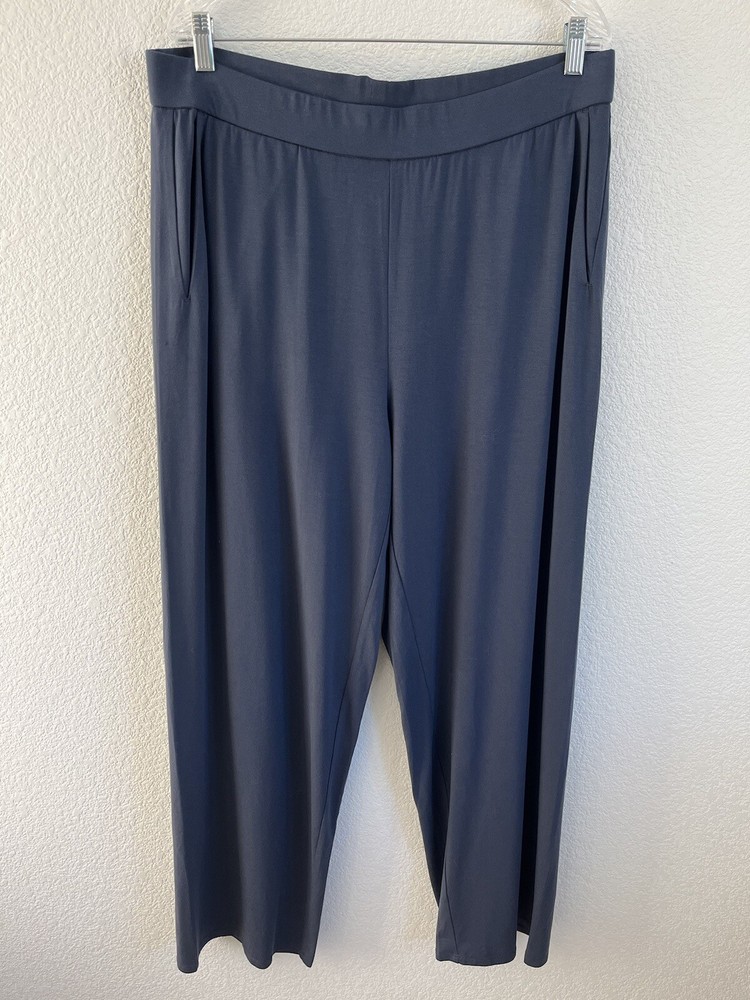 Eileen Fisher XL Navy Tencel Stretch Knit Wide Leg Pull-On Pants