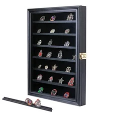 Military Challenge Coin Display Case Lockable Wood Cabinet Rack Holder Black 