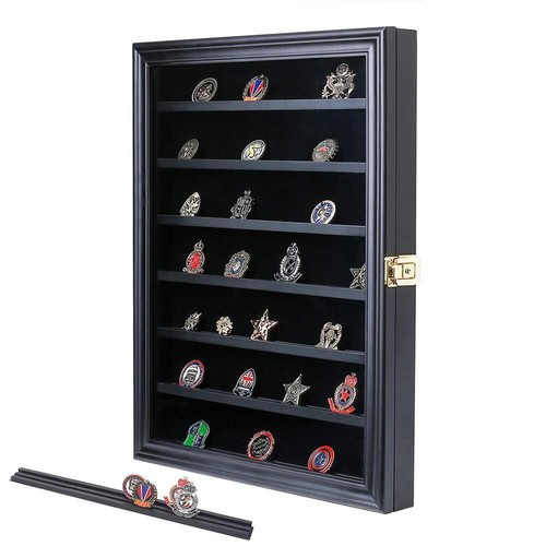 Military Challenge Coin Display Case Lockable Wood Cabinet Rack Holder Black 