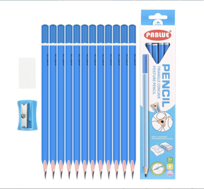 PABLUE HB Graphite Pencils Triangular Concave Grip Fat Thick Strong- 12Pcs, Blue