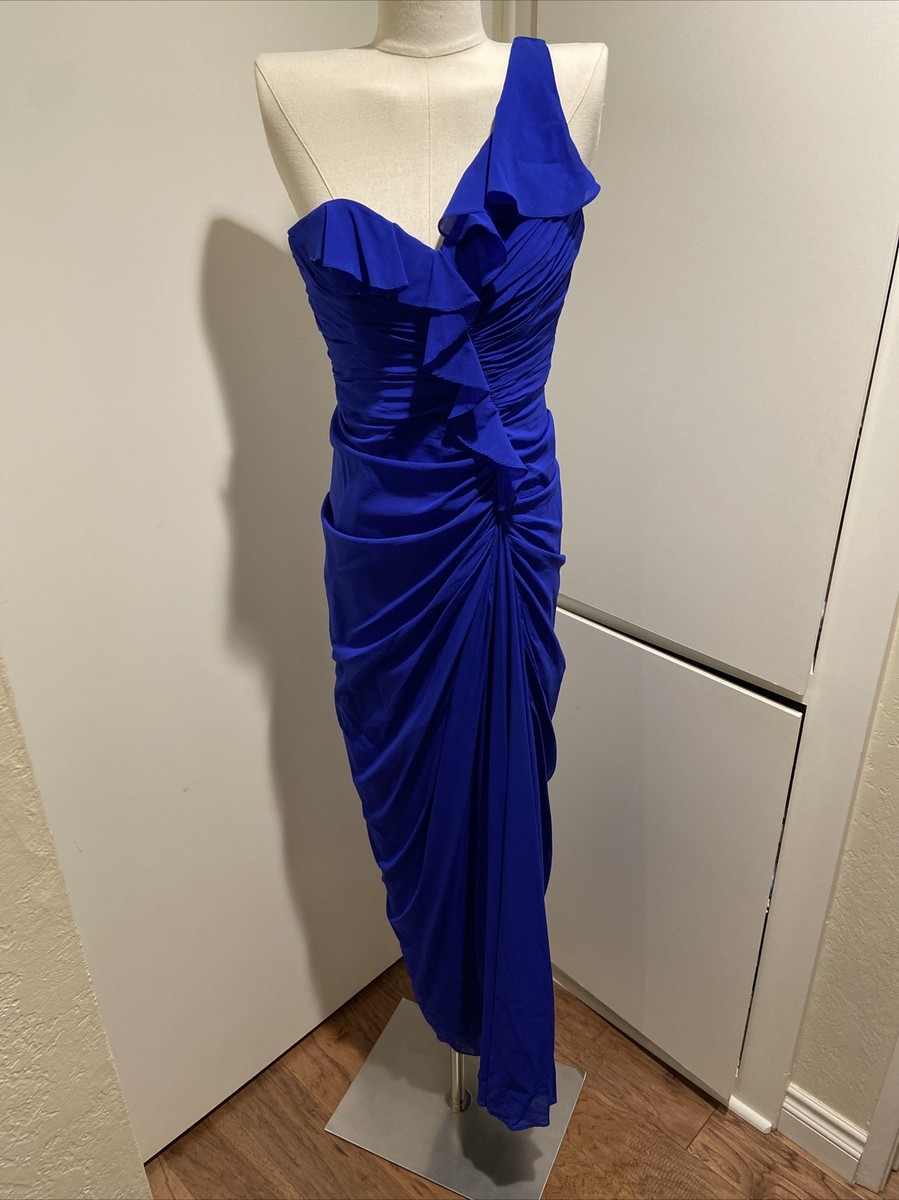 Royal Blue Silk Badgley Mischka Gown sz 6 One Shoulder Ruched Asymmetrical  Maxi