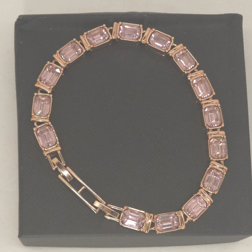 Mujer Tenis Rosa Estrás Pulsera Tono Oro Rosa Corte Octágono Circonita 8" Foto 3 de 4