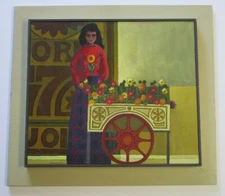 Mid Century Modernism Painting Portrait 1960’s Urban Flower Cart Woman Vintage
