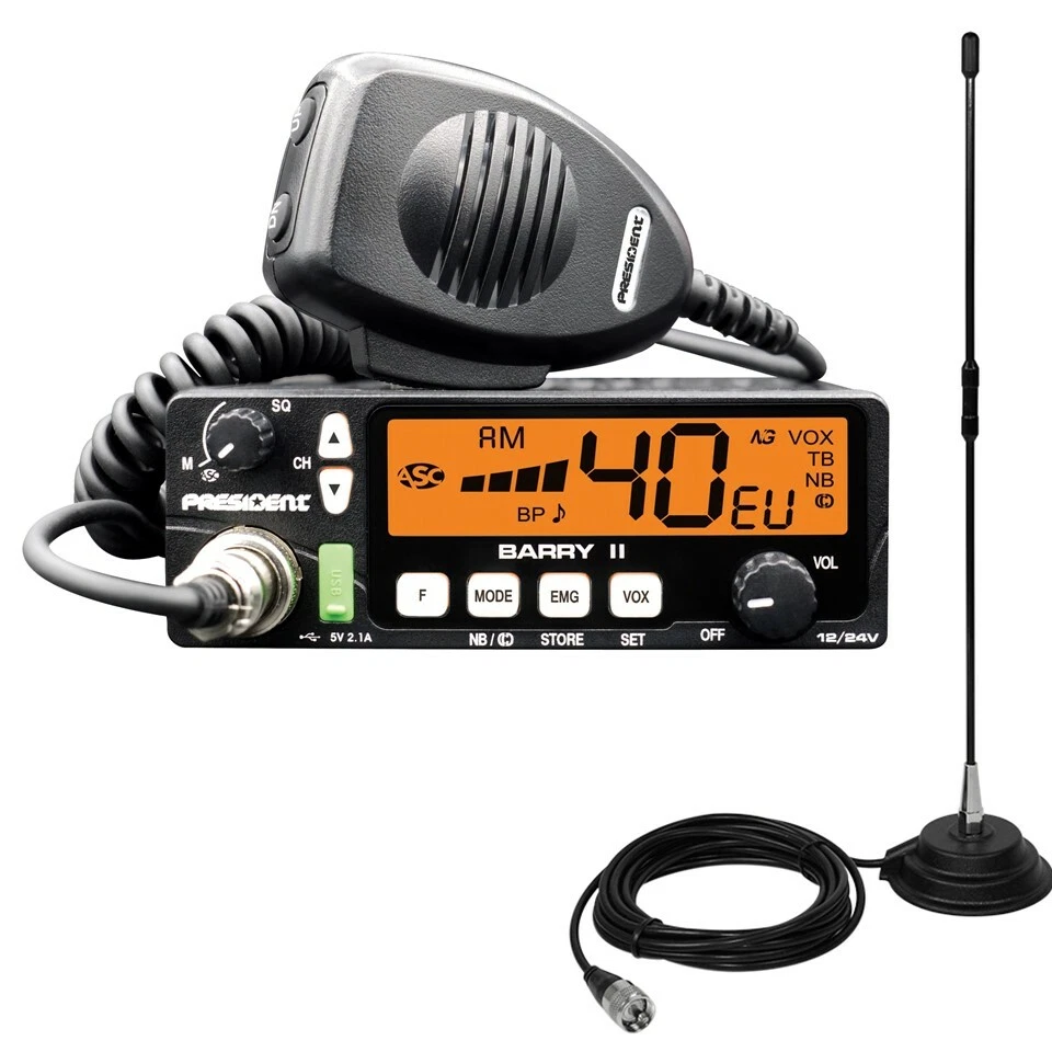SET President Barry II CB-Funkgerät 12/24 Volt mit Magnetantenne Extra 40 (45cm)