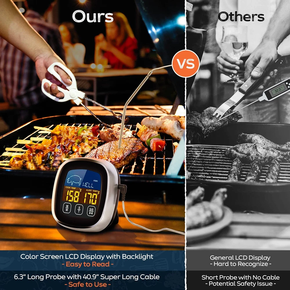 Meat Thermometer, with Long Probe, Digital Meat Thermometer with Large Touchs...