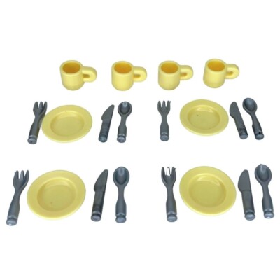 Lot De 4 Assiettes Playmobil Bleu/or Avec Couverts Et Plateau - Thème Ville, Pièces Détachées Occasion, Origine Allemagne
