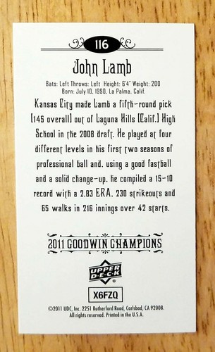 Mini lámina Goodwin Champions 2011 Upper Deck #116 John Lamb Kansas City Royals - Imagen 2 de 2