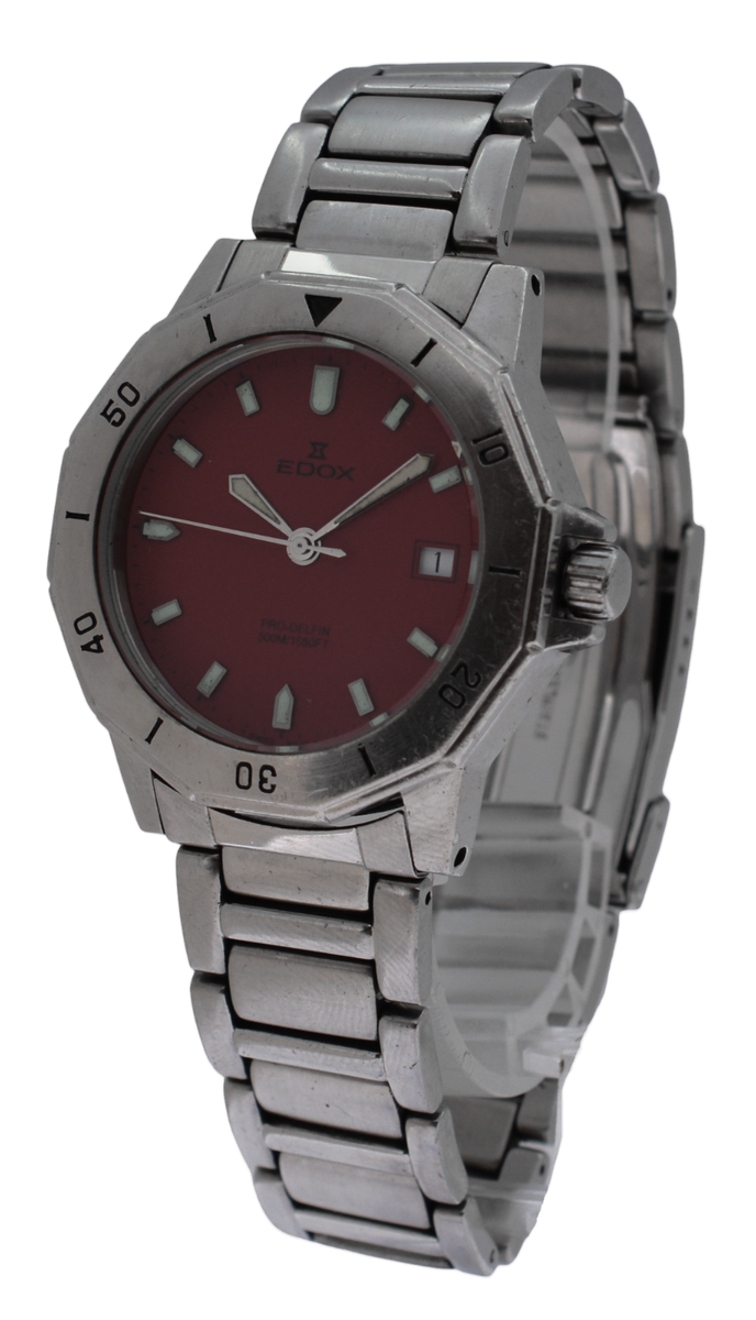 Edox Men's 40mm Pro-Delfin Rare Red Dial Stainless Steel Watch